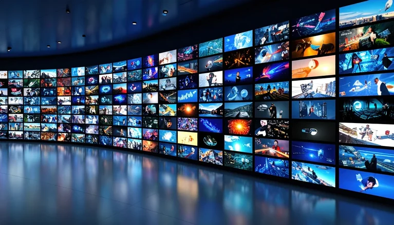 Wall of TV screens streaming live channels and entertainment